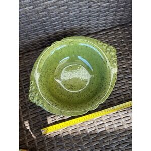 Vintage Haeger 4060 USA Pottery Green Avacado Speckled Scalloped Bowl Scroll 14"